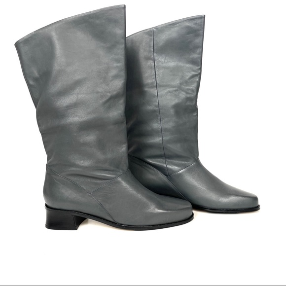 Markon Gray Leather Shelly Mid Calf Boots with Block Heels Size 11 - Picture 2 of 13